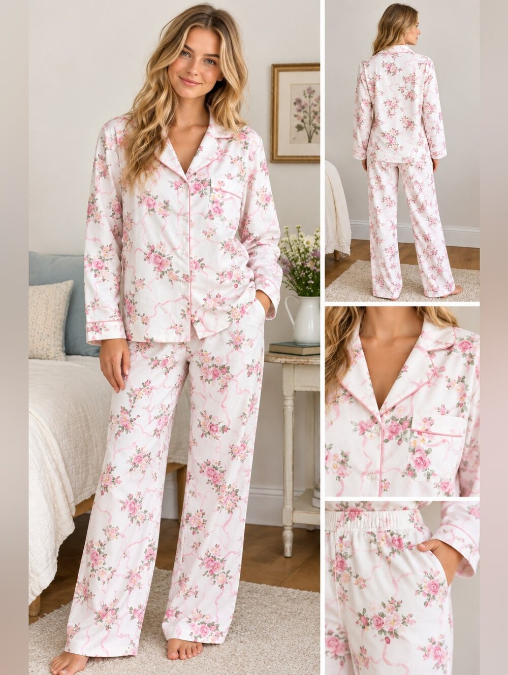 NWT Laura Ashley Floral Roses Ribbon Pajama Set Ultra Soft & Cozy M ( 8-10)